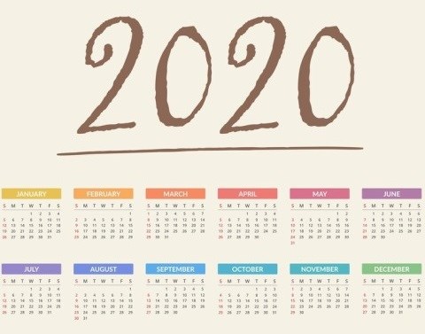 Calendar with 2020 above 12 months with multicolored titles