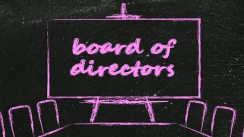 Drawing of a board room with a board reading Board of Directors