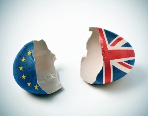 Brexit Eggxit Egg with EU And UK flags cracked in two