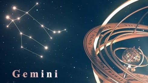 Night sky with bright stars and lines connecting the gemini constellation, with the word "gemini" and a gold zodiac globe
