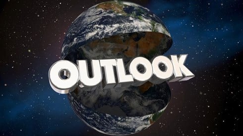 Outlook in block text inside the Earth in outer space