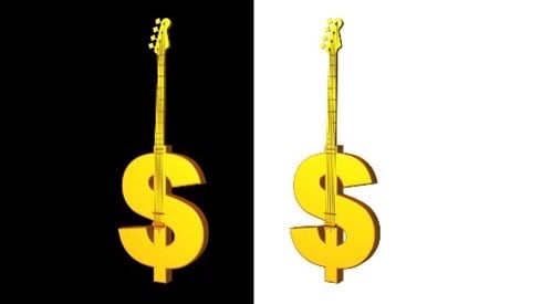 Two dollar signs with guitar necks on black and white background