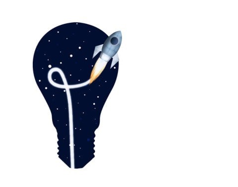 A lightbulb with stars in it and a rocket taking off