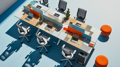 An illustrated workspace with chairs surrounding it