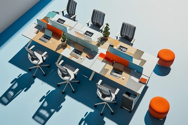 An illustrated workspace with chairs surrounding it
