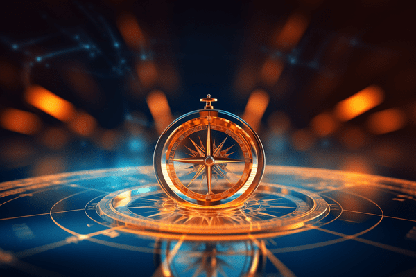 A Compass Sits Atop and Is Reflected in a Globe with Muted Starburst and Points of Light in Background