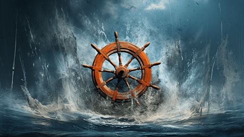 Illustration of Hard Market Conditions - Ship Wheel in Storm Clouds and Rough Sea Water
