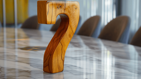 Wooden numeral seven sitting on marble conference table
