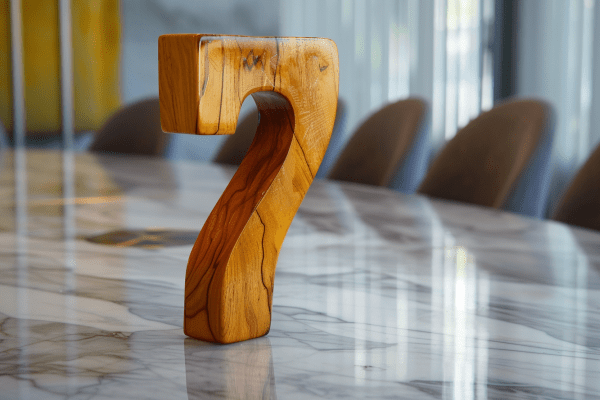 Wooden numeral seven sitting on marble conference table