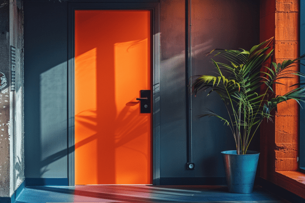 View of a closed orange office door from the hallway 