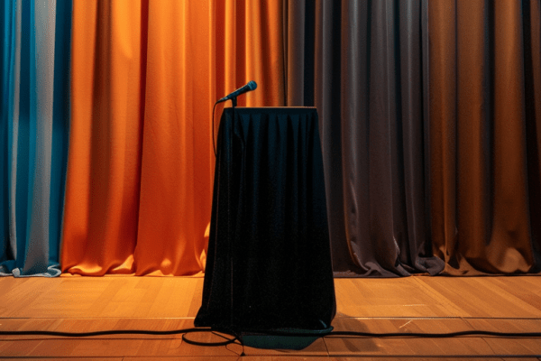 Speaker podium with a microphone on a stage