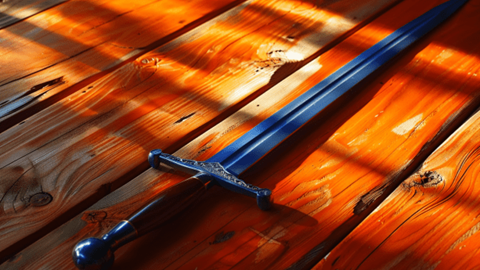 A double-edged broadsword rests on a wooden floor