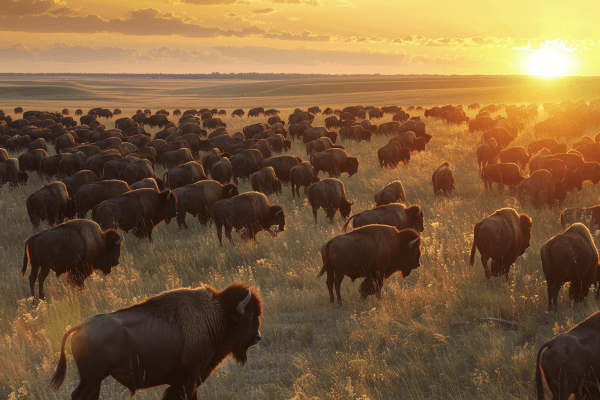 Herd of buffalo at sunset