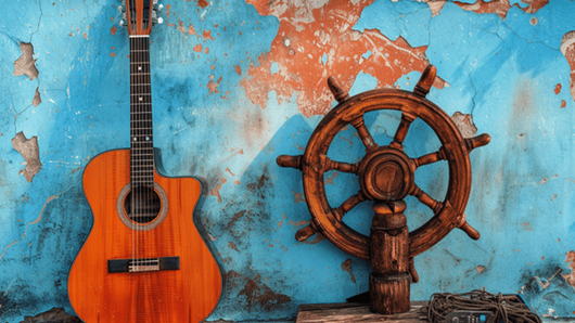 An acoustic guitar upright and a wooden ship's steering wheel against a wall, which has light-blue peeling paint   