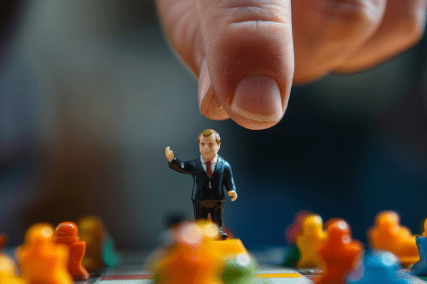 A hand picking up a plastic toy businessman