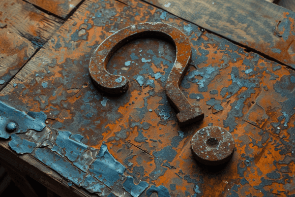 Rusted metal question mark laying on an old wooden table
