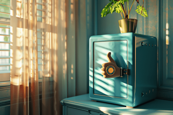 Metal blue safe sitting on a desk with a thumb's-up attached to the combination lock with sun shining in through a window with curtains and blinds