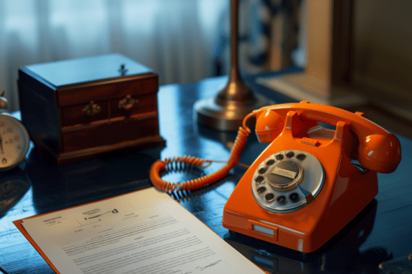 Orange rotary telephone on a desk next to a contract