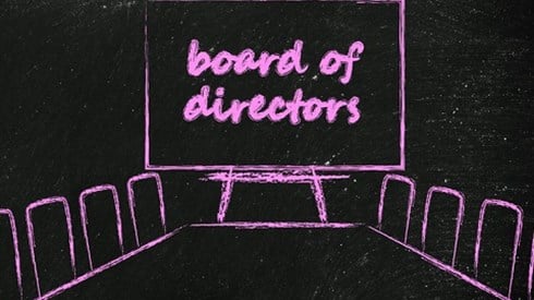 A pink chalk drawing of a board meeting room table and chairs and a blackboard on an easel with the words board of directors