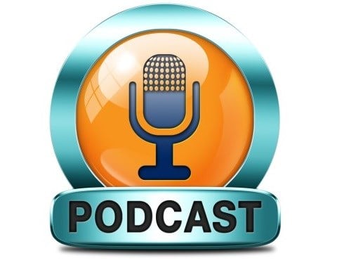 Studio microphone icon inside an orange enamel button with blue steel outline and black text that reads podcast