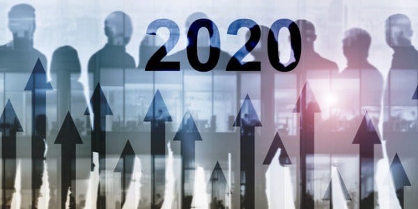 Silhouettes of people across a pastel background with upward arrows coming from the bottom and 2020 in the foreground