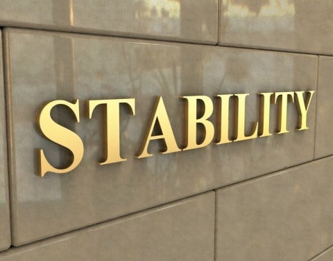 The word STABILITY on a ceramic building wall