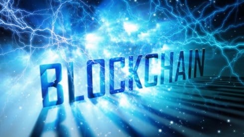 Blockchain Text In Blue Electrical Currents