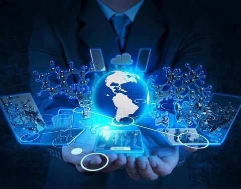 Businessman holding hands out with globe, technology and "map" of network