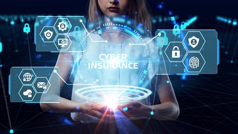 Cyber insurance with woman in white shirt and various digital icons