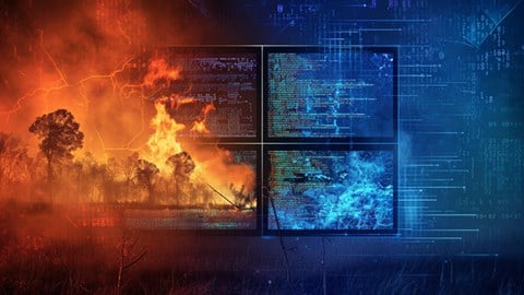 Computer screen showing computer code with a wildfire and storm in the background