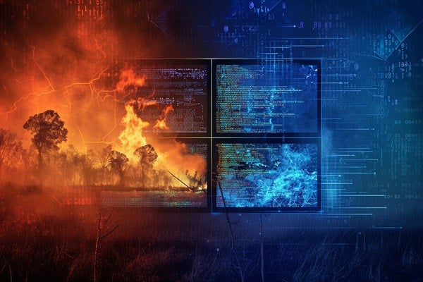 Computer screen showing computer code with a wildfire and storm in the background