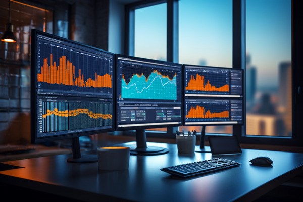 Three Monitors Displaying Various Graphs Atop an Office Desk in Front of Windows with Cityscape in Background