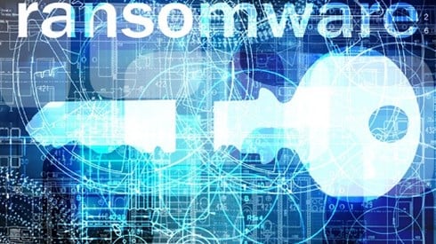 Blueprint style abstract with the word ransomware centered above a broken white key with graphic drawings in background