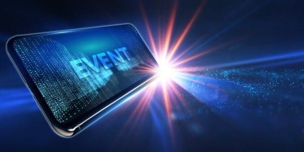 The word event on a cellphone screen with starburst and stars in blue background