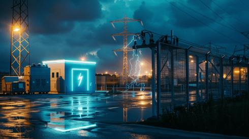 Energy substation lit up on a rainy night with a glowing energy storage building