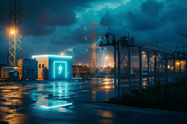 Energy substation lit up on a rainy night with a glowing energy storage building