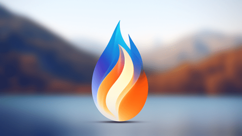 Abstract flames against backdrop of out-of-focus mountains and lake