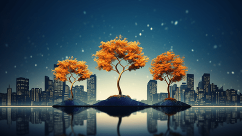 Three Trees with Autumn Leaves Grow from Hills on Reflective Surface with Cityscape and Starry Sky in Background