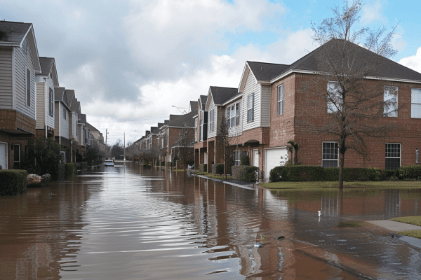 Houses on a flooded neighnborhood street 