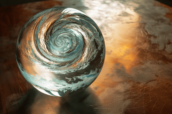 Hurricane happening inside of a glass globe that is sitting on a wooden desk