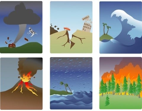 Six panels each showing natural disasters such as tornado, earthquake, tsunami, volcano eruption, hurricane, and wildfire