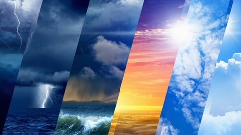 Images depicting climates thunderstorms in the ocean a hurricane a yellow orange sky and a blue sky with puffy white clouds