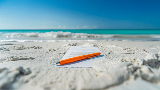 Contract with an orange pen laying on a beach with waves rolling in in the background