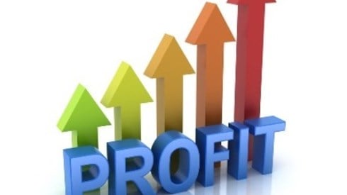 Behind each of the letters of the word PROFIT there are different-colored arrows each progressively higher than the previous