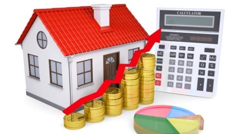 House shown with rising stacks of coins alongside calculator and pie chart