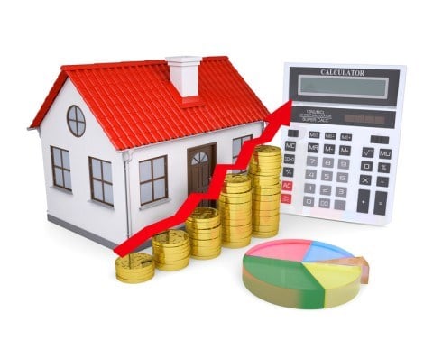 House shown with rising stacks of coins alongside calculator and pie chart