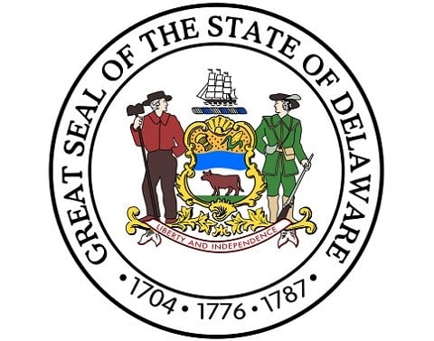 GREAT SEAL OF THE STATE OF DELAWARE with the years 1704 1776 1787 on a white background
