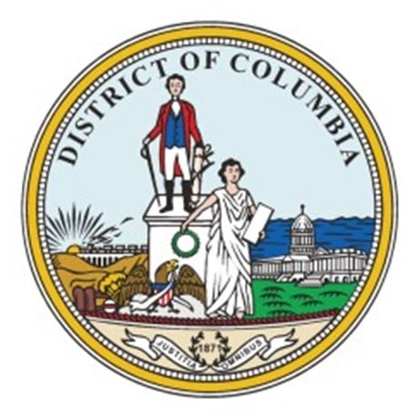 District of Columbia State Seal has Lady Justice hanging a wreath on a statue of George Washington