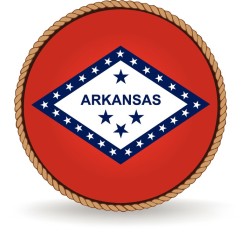 A rope circles a blue diamond that has 25 stars in the border and the word ARKANSAS in center with 3 stars below and 1 above