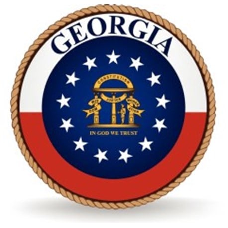 A rope circles the word GEORGIA and a blue circle with the coat of arms surrounded by 13 stars